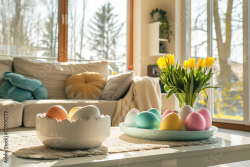 Cozy Home Interior with Fresh Tulips and Fruit Bowl