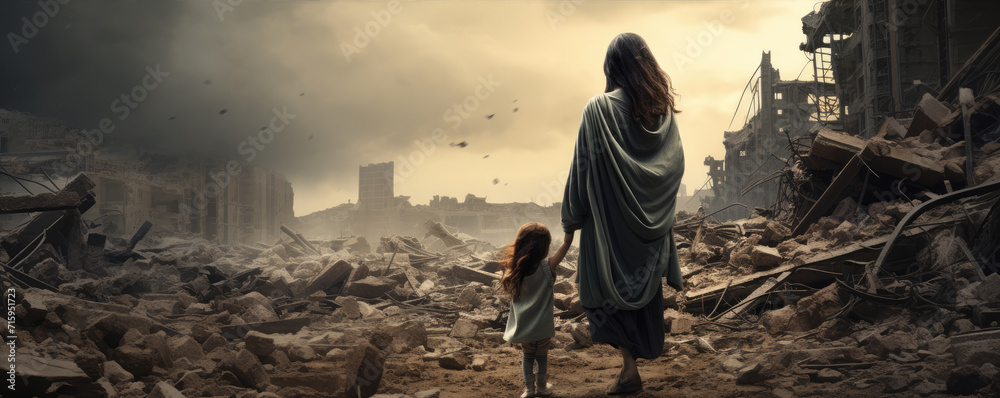 Sad mother with her child in destroyed abandoned city after war collision.
