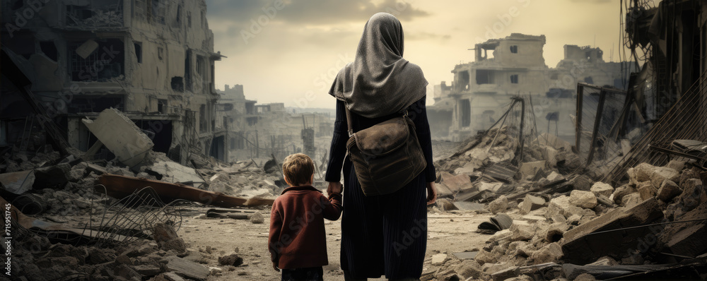 Sad mother with her child in destroyed abandoned city after war collision.