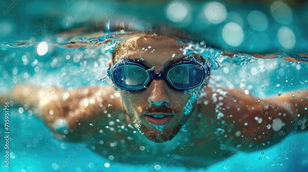 A determined swimmer dives into the crystal clear water, gliding effortlessly with the help of his trusty goggles and swim cap, fully immersed in the invigorating sport of swimming