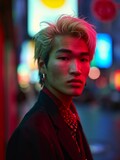 Teen Chinese Man with Blond Straight Hair vintage photo. Portrait of a person in 1980s aesthetics. Punk fashion. Historic photo Ai Generated Photorealistic Vertical Image.