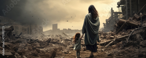 Obraz na płótnie Sad mother with her child in destroyed abandoned city after war collision. w salonie