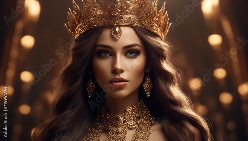 Beautiful queen. Fantastic queen wearing a golden crown. Lush hair. Gold clothes. AI generated