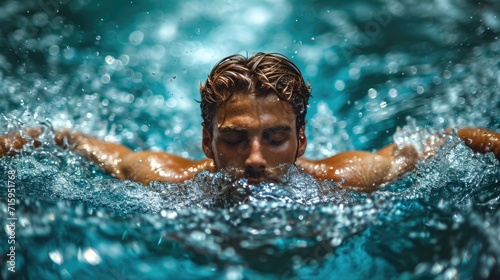 A determined swimmer gracefully glides through the crystal clear water of a leisure centre pool, their face exuding focus and strength as they embrace the sport of swimming © Pinklife