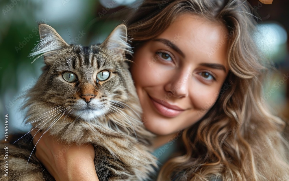 A joyful woman cradles her furry feline companion in a sun-kissed outdoor portrait, their matching smiles and gentle gazes radiating warmth and love