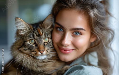 A smiling woman poses with her beloved domestic cat  their fur and skin contrasting in a beautiful portrait capturing the deep bond between human and feline