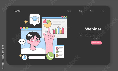 Engaged student participates in an interactive online class, pointing to growth statistics and pie chart with signs of successful learning and networking. Flat vector illustration