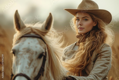 A stylish woman with flowing hair wears a brown cowboy hat as she poses confidently next to her majestic horse in the warm sun