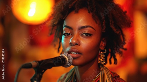 A confident woman with a mane of curly dreadlocks takes the stage, her soulful voice amplified by the microphone as she pours her heart out in a captivating concert performance