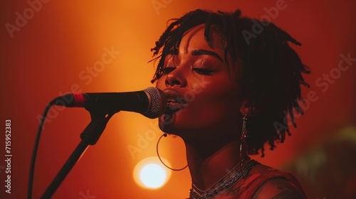 A talented singer captivates the audience with her powerful voice and captivating performance, as she confidently sings into the microphone on stage at a vibrant concert