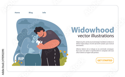 Widowhood web or landing. Heartfelt remembrance at a gravesite, holding onto memories and love. Flat vector illustration.