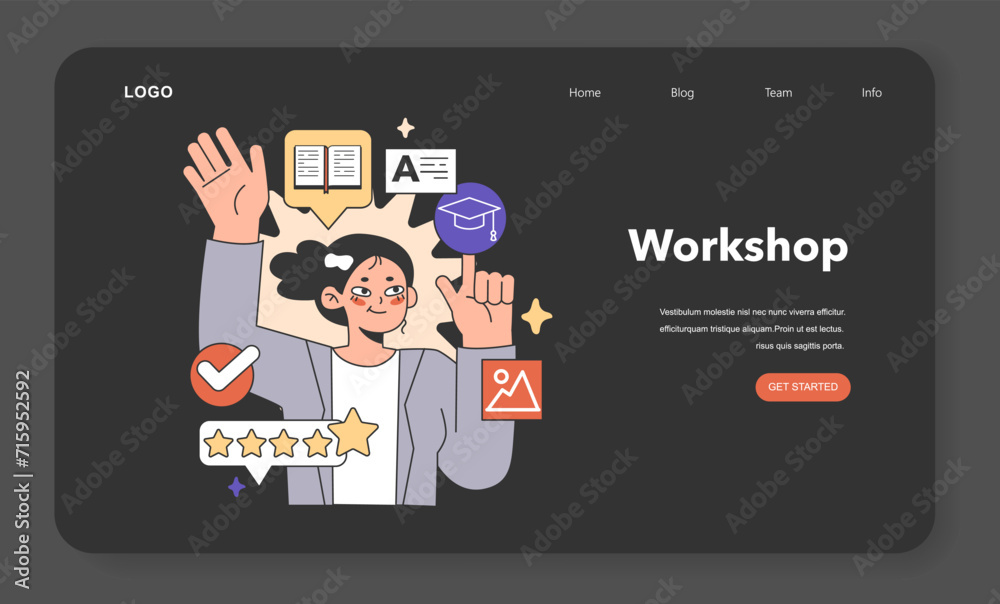 Training workshop web banner or landing page night or dark mode. Interactive training process. Professional development. Increasing of business competences and skills. Flat vector illustration Training workshop web banner or landing page night or dark mode. Interactive training process. Professional development. Increasing of business competences and skills. Flat vector illustration