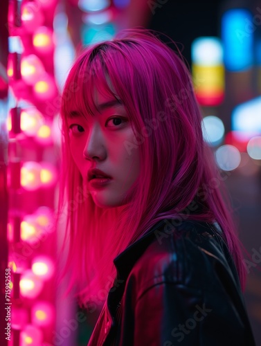Teen Chinese Woman with Pink Straight Hair vintage photo. Portrait of a person in 1980s aesthetics. Punk fashion. Historic photo Ai Generated Photorealistic Vertical Image.