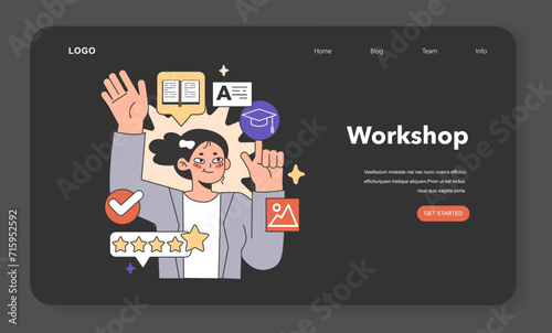 Training workshop web banner or landing page night or dark mode. Interactive training process. Professional development. Increasing of business competences and skills. Flat vector illustration