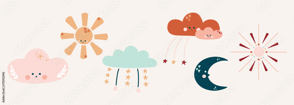 Bohemian baby set, gender neutral children's set with cute elements, clouds, stars, rainbow, Sun. A set of vector illustrations of warm earthy flowers in boho style