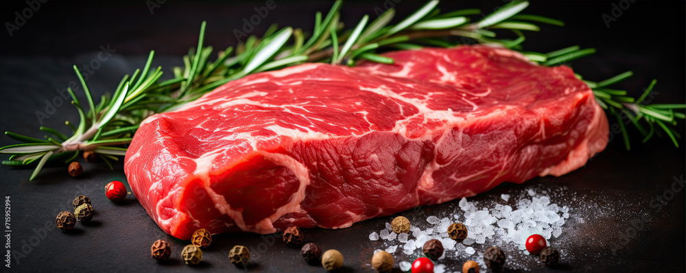 Raw beef steak on white background with salt pepper and herbs.