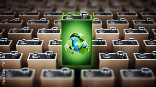 Green battery with recycle symbol stands out among regular alcaline batteries. 3D illustration
