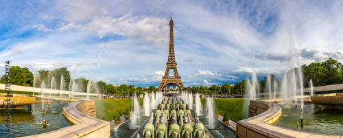 Panorama of Eiffel Tower and fountains of Trocadero in Paris, France