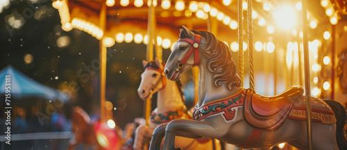 .Carousel horses bask in the golden glow of sunset, their painted manes catching the light of a thousand twinkling bulbs photo