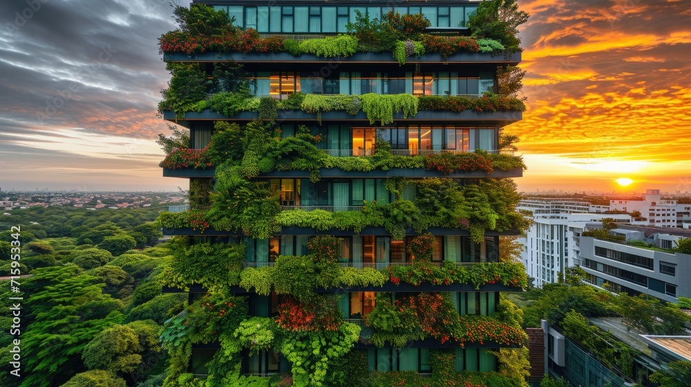 Sustainable green building or Eco-friendly building with vertical garden to improve environment and to save our planet.	