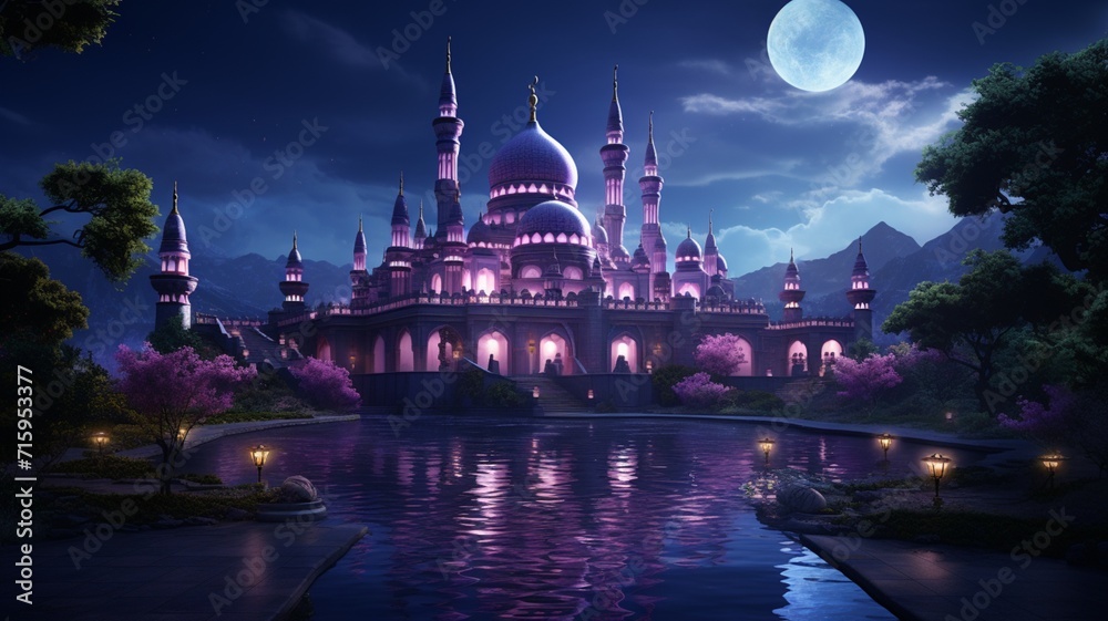A beautiful mosque by the pond of Islamic worship with the galaxy in the night sky AI Generated Photo