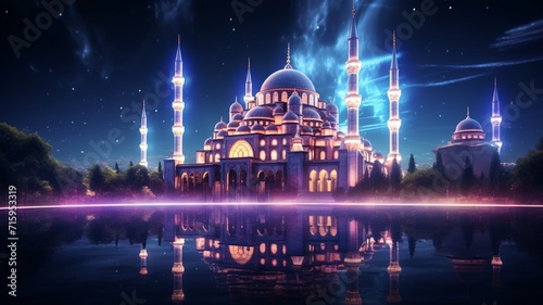A beautiful mosque by the pond of Islamic worship with the galaxy in the night sky AI Generated Photo
