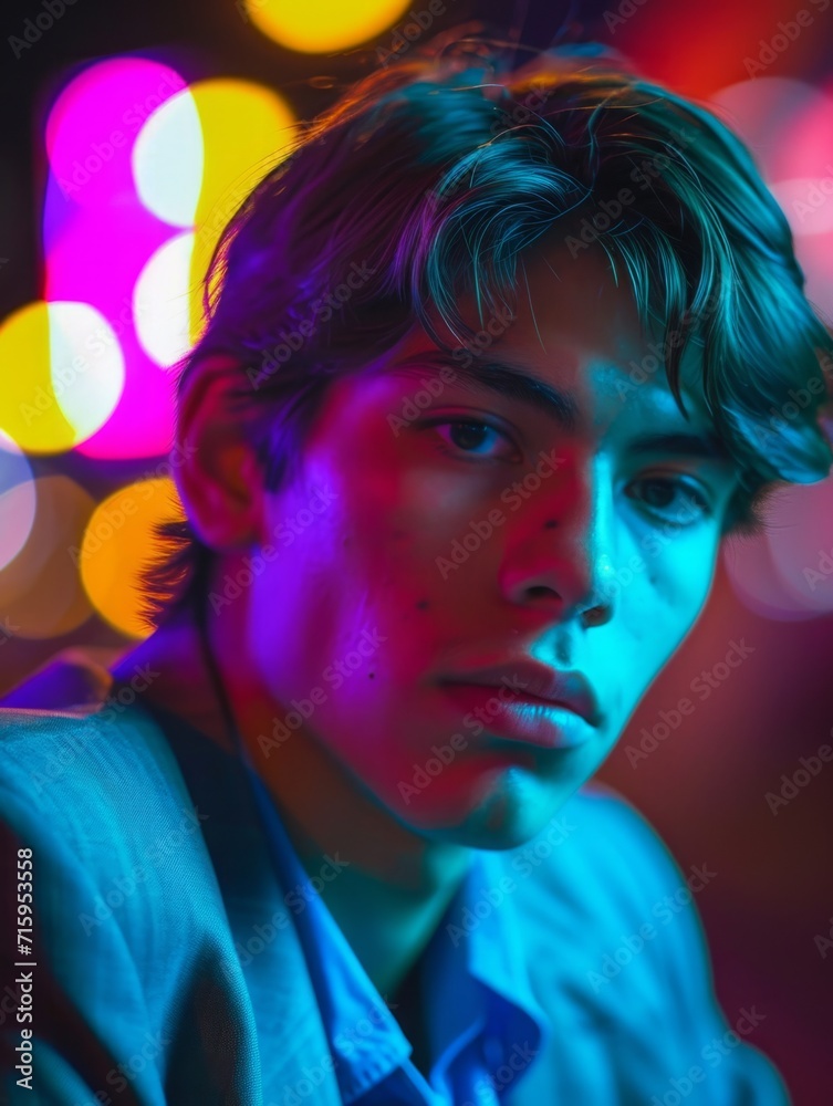 Teen Latino Man with Brown Straight Hair vintage photo. Portrait of a person in 1980s aesthetics. Punk fashion. Historic photo Ai Generated Photorealistic Vertical Image.