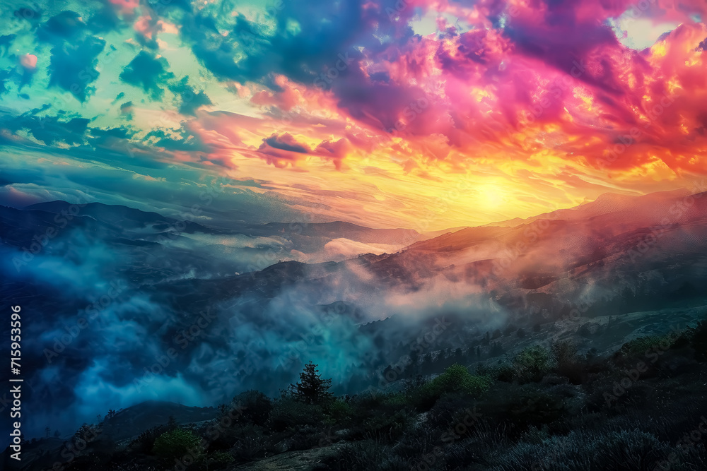 A beautiful landscape with a multiple colors in the sky above the mountains.