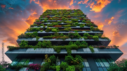 Sustainable green building or Eco-friendly building with vertical garden to improve environment and to save our planet.	 photo