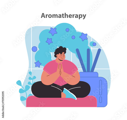 Soothing aromatherapy session. Content individual enjoying the tranquil ambiance of a scented treatment room. Flat vector illustration.