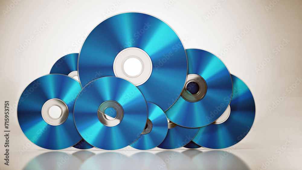 Bluray discs arranged as a cloud symbol. Data storage concept. 3D illustration Bluray discs arranged as a cloud symbol. Data storage concept. 3D illustration