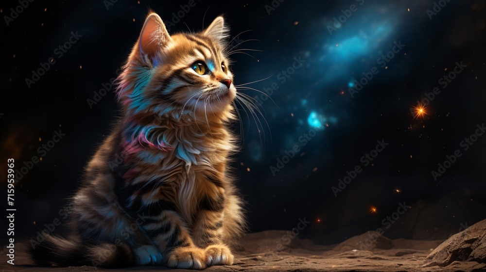 A colorful cat is sitting on the ground, the cat is sitting near the neon flashing light, Ai created the illustration