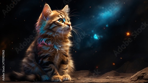 A colorful cat is sitting on the ground, the cat is sitting near the neon flashing light, Ai created the illustration