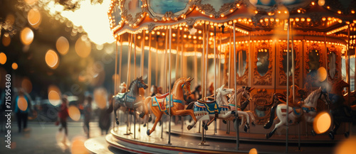A nostalgic merry-go-round spins in the golden hour, its ornate horses inviting a ride back to the innocence of childhood