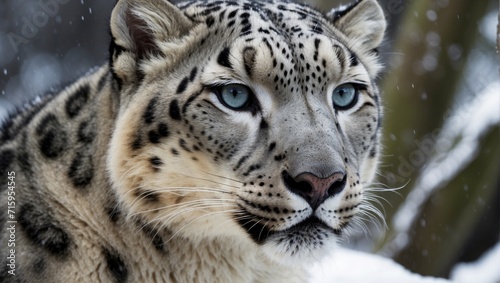 Snow leopard. Wildlife, natural habitat. A wild cat. Snowdrifts and snow, a close-up portrait of an animal. A dangerous predatory big cat. © OneMoreTry