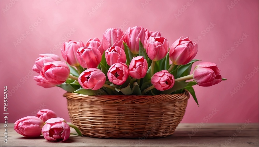 Spring tulips on a pink background. A festive seasonal postcard. A wicker basket with bright flowers. Plants for postcards, greetings, weddings, holiday, birthday, presentation.