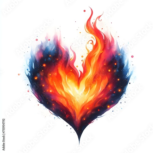 Watercolor paint single fire heart shape isolated on white background