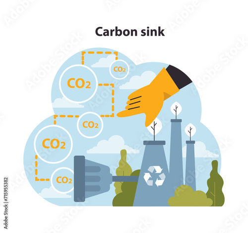 Guiding hand directs CO2 emissions towards carbon sinks, symbolizing efforts to combat climate change with nature's help. Environmental strategy. Flat vector illustration.