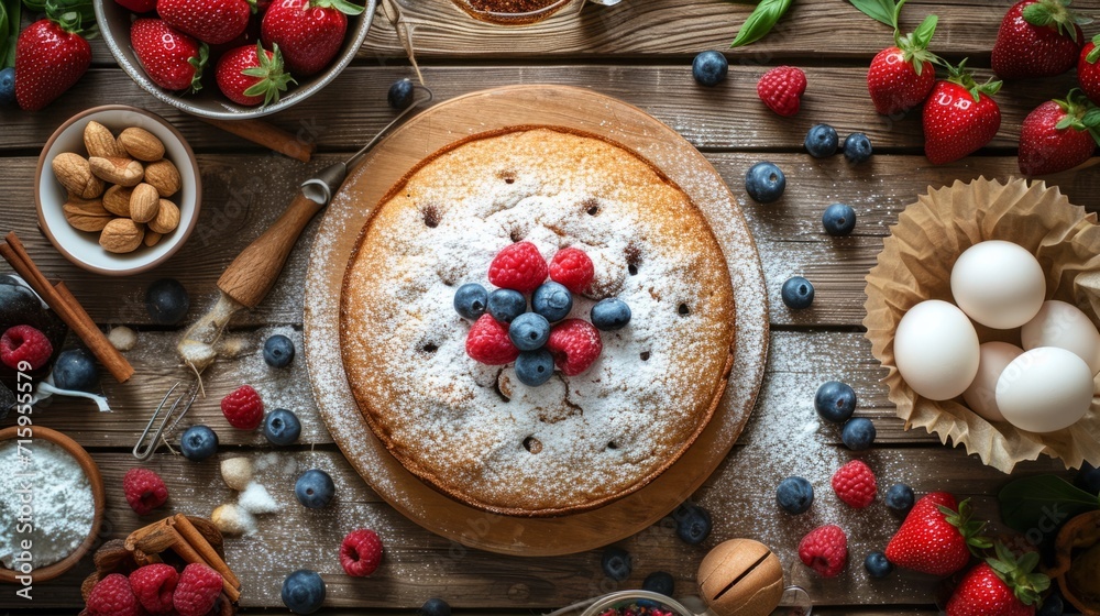 A wooden table topped with a cake covered in powdered sugar A wooden table topped with a cake covered in powdered sugar