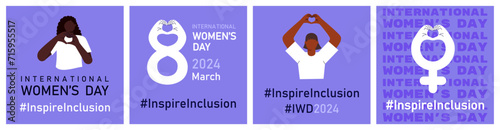 Inspire inclusion banners set for International Women's day. IWD 2024 campaign with diverse women and slogan on purple background. Vector illustration with number 8 and female symbol