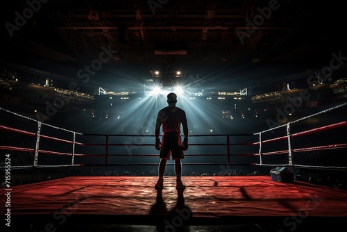 Rear view of a strong boxer in a boxing ring under spotlights