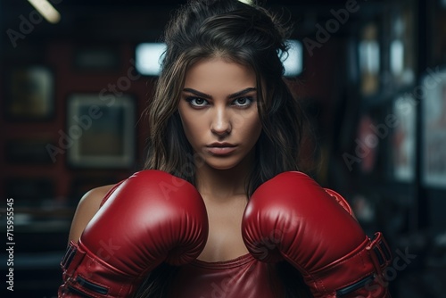 Gorgeous hot brunette woman in red singlet and red boxing gloves on a dark background