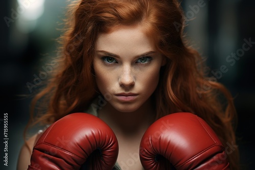 Gorgeous hot redhead green eyed woman in red boxing gloves on a dark background © Маргарита Вайс