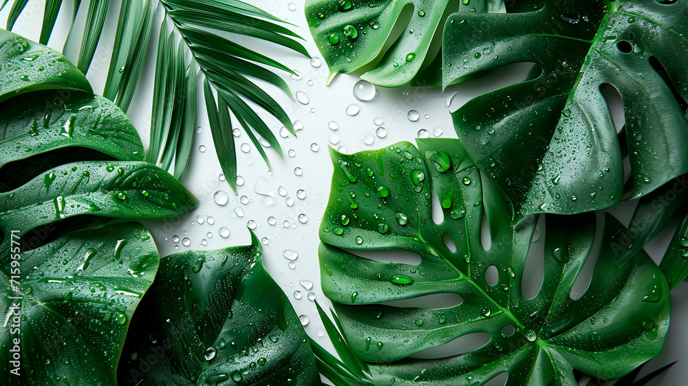 greenery and leaves of monstera with raindrops light background - obrazy, fototapety, plakaty 