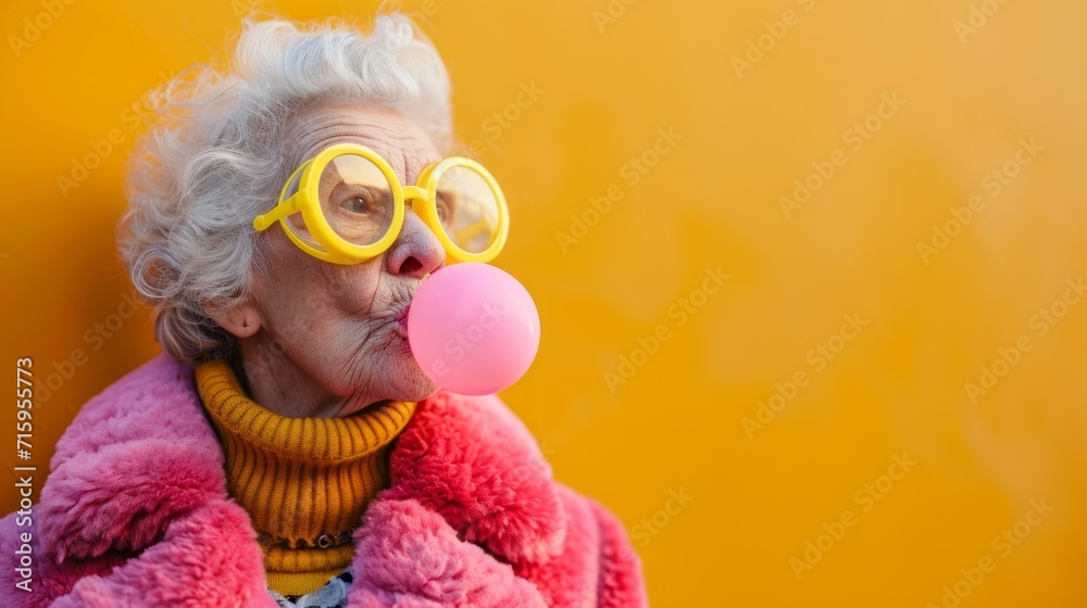 An old woman blowing a bubble with yellow glasses - obrazy, fototapety, plakaty 