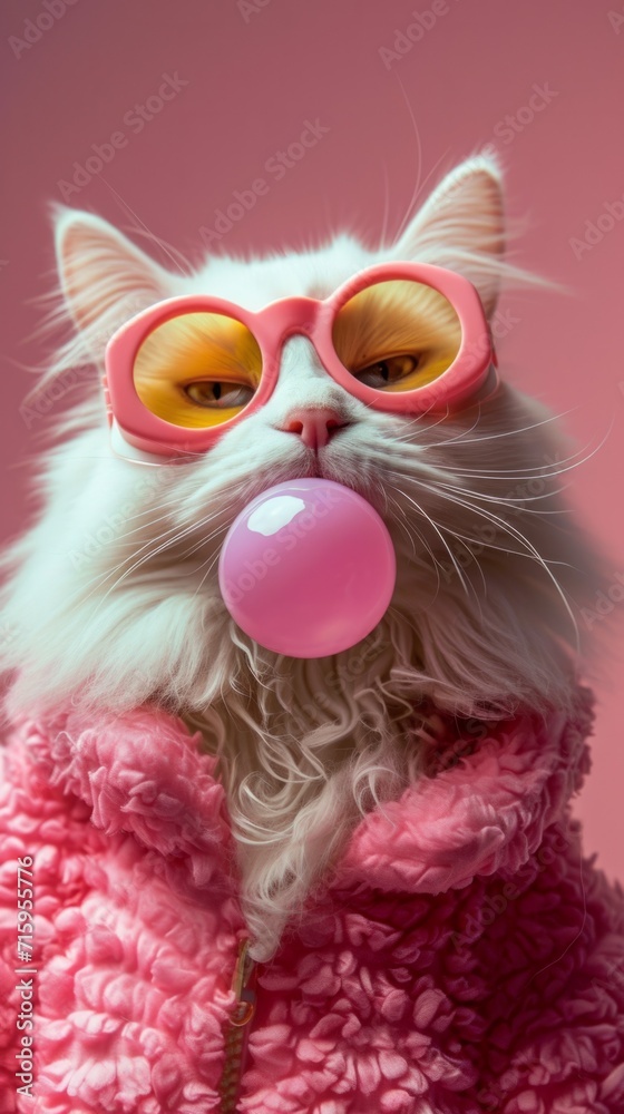 Fototapeta A white cat wearing pink sunglasses blowing a bubble