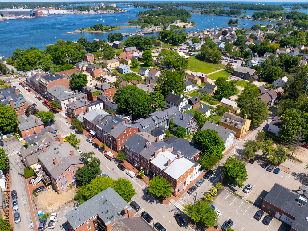 Strawbery Banke Museum aerial view 14 Hancock Street with Piscataqua River at the back in city of Portsmouth, New Hampshire NH, USA.