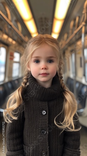 A little girl standing in a train looking at the camera