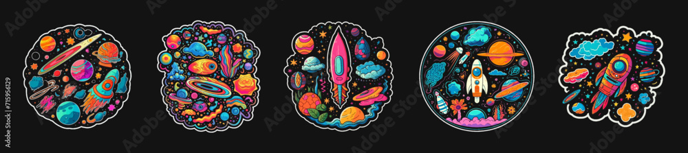Space dark set of bright stickers. Cartoon psychedelic retro space sticker flat style on black background. Rocket, astronaut, space, planet, stars. Vibrant illustration of surreal art. Vector 
