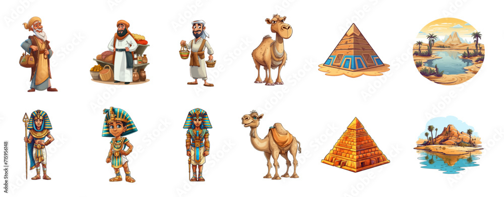 Obraz premium Cartoon images on the theme of ancient Egypt, isolated on a white background, set of vector illustrations. Fairy tale characters. Pharaoh, camel, merchants, pyramids. Cartoon, book, game design